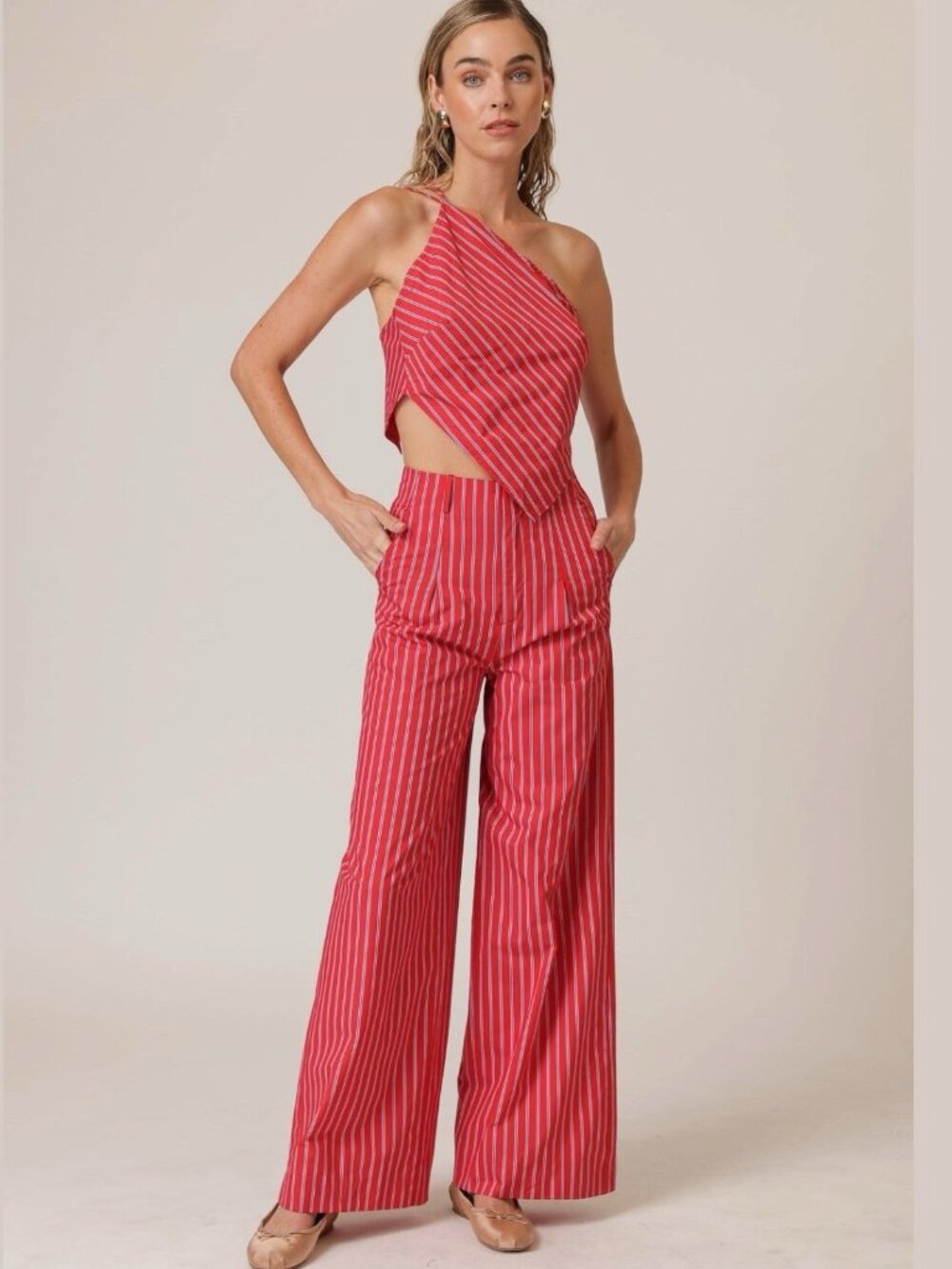 Line & Dot Claudine Dress Pants Striped Red White Wide Leg High Waist Size M